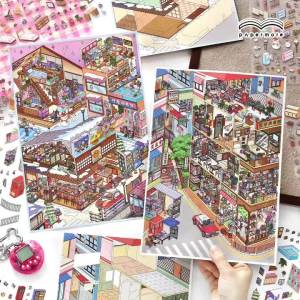 Kawaii 3D City Walk Phong Cảnh Miếng Dán DIY Pocket Cabin Cảnh Lễ Hội Quà Tặng Văn Phòng Phẩm Chất Liệu PET 210x300mm