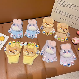 Children Rabbit Police Officer Manicure Cartoon Gloves Little Girl Winter Full Finger Gloves Fleece Lining Thickened Windproof Warm Male