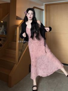 Large Size Tea Break French Floral Print Strapless Dress Pink Slimming Waist High Waist Long A-Line Skirt Style Womens Dress