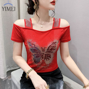 Yimei Áo flash cho nữ áo thun thời trang hở vai áo phông tay ngắn kim cương thắt nơ công nghiệp nặng mới mùa hè 2023 hai lớp áo thun lưới nữ Lụa băng
