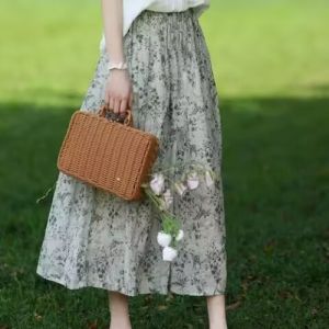 Original Art Stylish Elastic Waist Floral Skirt for Women 2024 Summer New Arrival Easiest for Match Ramie A- line Skirt