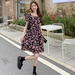 LUCKIN STORE Chân Váy Voan Hoa Cho Nữ Chân Váy Ngắn Chữ A Mỏng Eo Tay Phồng Retro Đầm Mới Mùa Hè 2025