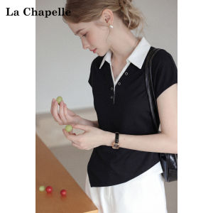 La Chapelle | Contrast Color Slimming Fake Layered Regular Shoulder Tee Shirt