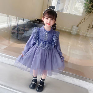 Girls Dress Princess Skirt Cotton Fabric round Neck High Waist Long Sleeve Mesh Puffy Style Autumn New Fashion Childrens Clothing