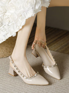 รองเท้าส้นสูงสีเปล่าแบบหัวแหลม ทรงหัวมน รองเท้าแตะสวมใส่สบาย สำหรับผู้หญิง ฤดูร้อน 2025 รองเท้าส้นหนา รองเท้าแตะแบบสวมหัว