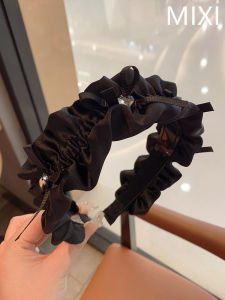 Retro Luxury French Style Black Pleated Hairband Womens Butterfly Knot Rhinestone Headband Elegant High Hairline Versatile