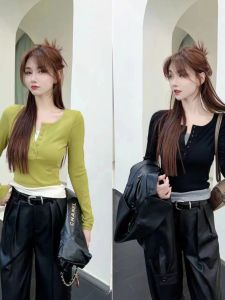 Kaka Womens Clothing Official Fall Flagship Authentic Sneaky Design Fake Two-Piece Contrast Color Tops Womens Silm Slim Looking Bottoming Shirt