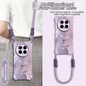 Phone Case for Honor Magic Series With Shoulder Strap Silicone Rhinestone Butterfly