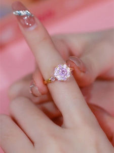 High-End TikTok Popular Light Luxury Fashion Rotating Temperament Pink Ring Super Shiny Full of Crystals Open Ring Personality Women