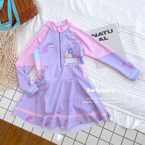 Girls One-Piece Swimsuit Long Sleeve Sun Protection Skirt Style Quick Dry Swimming Suit Cute Childrens Fitness Sportswear