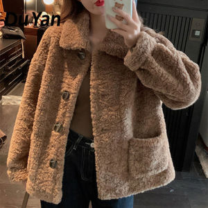 เสื้อโค้ทขนสัตว์แกะของผู้หญิงเสื้อแบบสั้นมีแขนยาวทรงหลวมใหม่ฤดูใบไม้ร่วงและฤดูหนาวสไตล์เกาหลีใส่ได้ทุกโอกาส - Du Yan สีฟ้า ขนาด XL สำหรับผู้หญิง