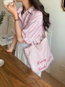 Romantic French Style Large Capacity Floral Canvas Shoulder Bag Womens Tote Bag Pink Summer Trendy Youth Casual Handbag