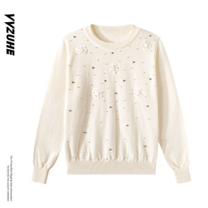 French Design Floral Embellished Diamond Knitted Long Sleeve round Neck T-Shirt Womens Autumn Slimming Outerwear Top