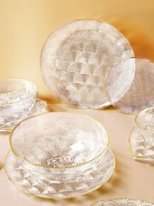 Bộ Đĩa Thủy Tinh Họa Tiết Mây Trung Hoa Đồ Dùng Gia Đình Bát Tròn Bằng Kính Chịu Nhiệt Dạo Biển Khô Trái Cây Đĩa Đựng Thức Ăn