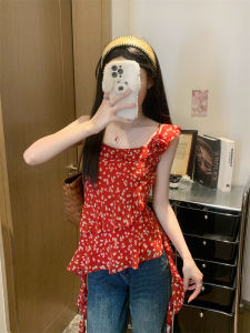 Beach Vacation Style Red Floral off Shoulder Crop Top Women Summer Slim Fit Chiffon Vest Irregular Hemline Sleeveless Top