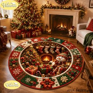 VIKAMA Christmas Round Rug Snowman Stocking Fireplace Gifts Area Rug Living Room Holiday Home Decor Aesthetic Art Large Premium