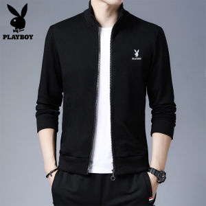 Playboy Mens Stand Collar Cardigan Jacket Black Trendy Winter Outerwear Casual Long Sleeve Zipper Decorated Polyester Fiber