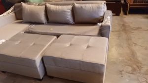 CAREY L-SHAPE SOFA WITH 2 NORDIC OTTOMAN AND 4 PCS PILLOWS 5 INCHES FOAM THICK AND PLASTIC FOOTINGS - HATCHIES CORNER