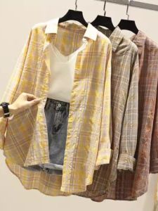 Casual Loose Womens Plaid Long Sleeve Shirt Coat Autumn Fashion New Style Button up Polo Collar Regular Length Outerwear