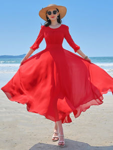 ชุดเดรสยาวผ้าชีฟองสีแดงสไตล์ใหม่ปี 2024 ทรงเอเข้ารูปเอวสูง กระโปรงชายหาด ชุดเดรสยาวคลุมเข่าสำหรับวันหยุดชายหาด