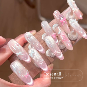 Ballet Band False Nails Butterfly Knot Removable Wearable Nail Art Cat Eye French Style Nail Stickers 504 Rose Brand