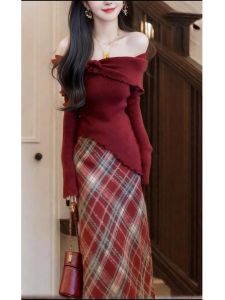 French Vintage Irregular One-Shoulder Knitted Lazy Style Sweater with Red Plaid Mini Skirt Spring Two-Piece Set for Women