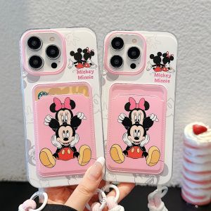 ♥Ready Stock +FREE Shipping+COD♥Cartoon Minnie Mickey Mouse Card Holder Phone Case Compatible for iPhone 16 15 14 13 12 Pro Max 11 15Promax with Wristband Dirt Resistant TPU Case Cover