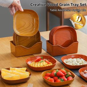 Creative Wood Grain Tray Set Simply Dessert Candy Food Tray Salad Dessert Plate Round Tableware Home Decoration
