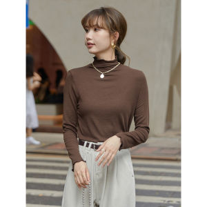 Autumnal French Style Mermaid Brown Wood Edge Overlap Collar Knitted Base Shirt Womens Slim Fit Half High Collar Top