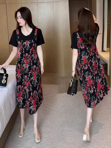ชุดเดรสยาวปานกลางลายดอกไม้ทรงหลวมสำหรับผู้หญิงในช่วงฤดูร้อนปี 2025 ชุดเดรสยาวปานกลางทรงเอเข้ารูปสไตล์ใหม่