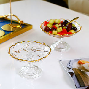 จานผลไม้แก้วขอบทองหรูหรา จานขนมเล็ก จานผลไม้สำหรับใช้ในบ้าน จานขนมสำหรับรับประทานอาหารในห้องนั่งเล่น จานขนมสำหรับโรงแรม