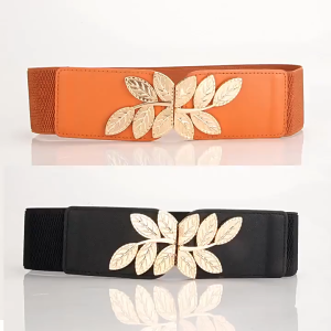 Heabety ผู้หญิงเอวแฟชั่น Gold Leaf Elastic เอวปิด Double Hook BUCKLE เข็มขัดกว้างจับคู่กับกระโปรงเข็มขัดผู้หญิง