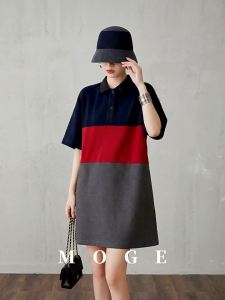Color Block Polo Collar Korean Style Casual Summer Dress
