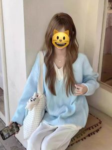 Loose V-Neck Sweater Womens Korean Style Fake Two-Piece Long Sleeve Knitted Top Baby Blue Comfortable Casual Autumn Fashion