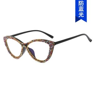 JN IMPRESSION กรอบแว่นตาทรงตาแมวประดับเพชรแบบย้อนยุคแว่นเลนส์อ่อนลดสัดส่วนและกันสีฟ้า