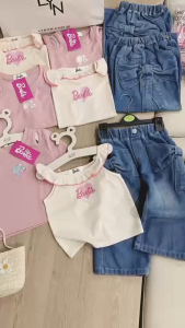 VN A662  Girls Summer Sleeveless Top and Denim Shorts Set  Baby Clothes  Toddler Girl Outfit 2PCS