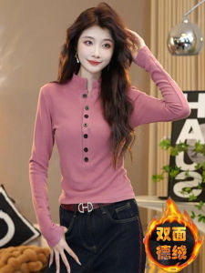 Autumn Winter Half High Collar Double Sided Cashmere Button Base Shirt Long Sleeve Slim Fit Warm Elastic Top Womens T-shirt