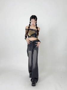 Plus size Cargo jeans for women Black loose narrow wide-leg slimming high-waisted floor-length pants