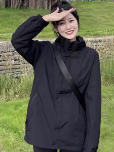 WANGGONGZHU | Black Windproof Outdoor Climbing Jacket Womens Spring Autumn New Small Size Sporty Fleece Lined Hooded Zipper Coat