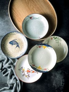 Retro Underglaze Ceramic Plate Deep Dish Dining Utensils Japanese Style Vegetable Floral Pattern Handmade round Dish for Adults