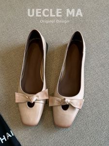 MASHUJIA | Dép Baler Mũi Nhọn Thẩm Mỹ Gót Dày Da Cừu Thật Vintage Mary Janes
