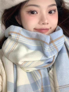 Thickened Plaid Scarf Korean Style Winter Warm Scarf for Women And Students Fashionable Artistic Versatile Long Rectangle Scarf
