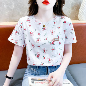 Korean Style Loose Short Sleeve T-Shirt Womens Summer Design Beautiful Top Trendy Cotton Polyester Blend round Neck Print