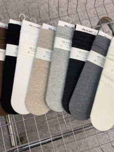 Autumn Winter New Basic 100% Cotton Fine Rib Mid-Calf Socks Simple Solid Color Versatile Vertical Stripe Chunky Heel Stack Socks
