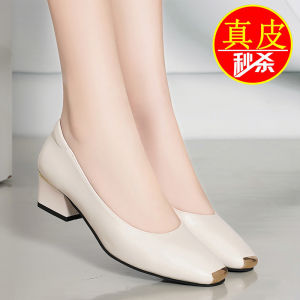 Belisa Nishan Genuine Leather mid Heel Womens Shoes Spring 2024 Fashion Casual Slip-On Sharp Pointed Toe Flat Bottom Thick Heel