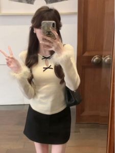 Fashionable Womens Long Sleeve Knitted Top Butterfly Knot Hollow out Splicing Muffin Spring Autumn New Style Korean Version