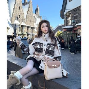 Retro High Collar Fair Isle Pattern Color Block Knitted Cardigan Sweater Womens Button Circle Yarn Lazy Outerwear