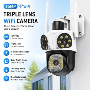 15MP WiFi Triple Len Security Camera PTZ Outdoor Cam Three Screens Motion Tracking 4X Zoom Color Night Vision Video Surveillance
