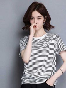 Womens Pure Cotton Striped Short Sleeve T-Shirt round Neck Casual Basic Top Summer New Style Loose Fit Solid Color Shirt
