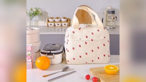 Stylish Corduroy Lunch Bag for Women Pink Floral & Strawberry Print Insulated Tote with Aluminum Lining Large Capacity Reusable Cooler for Work Travel Beach & Picnic